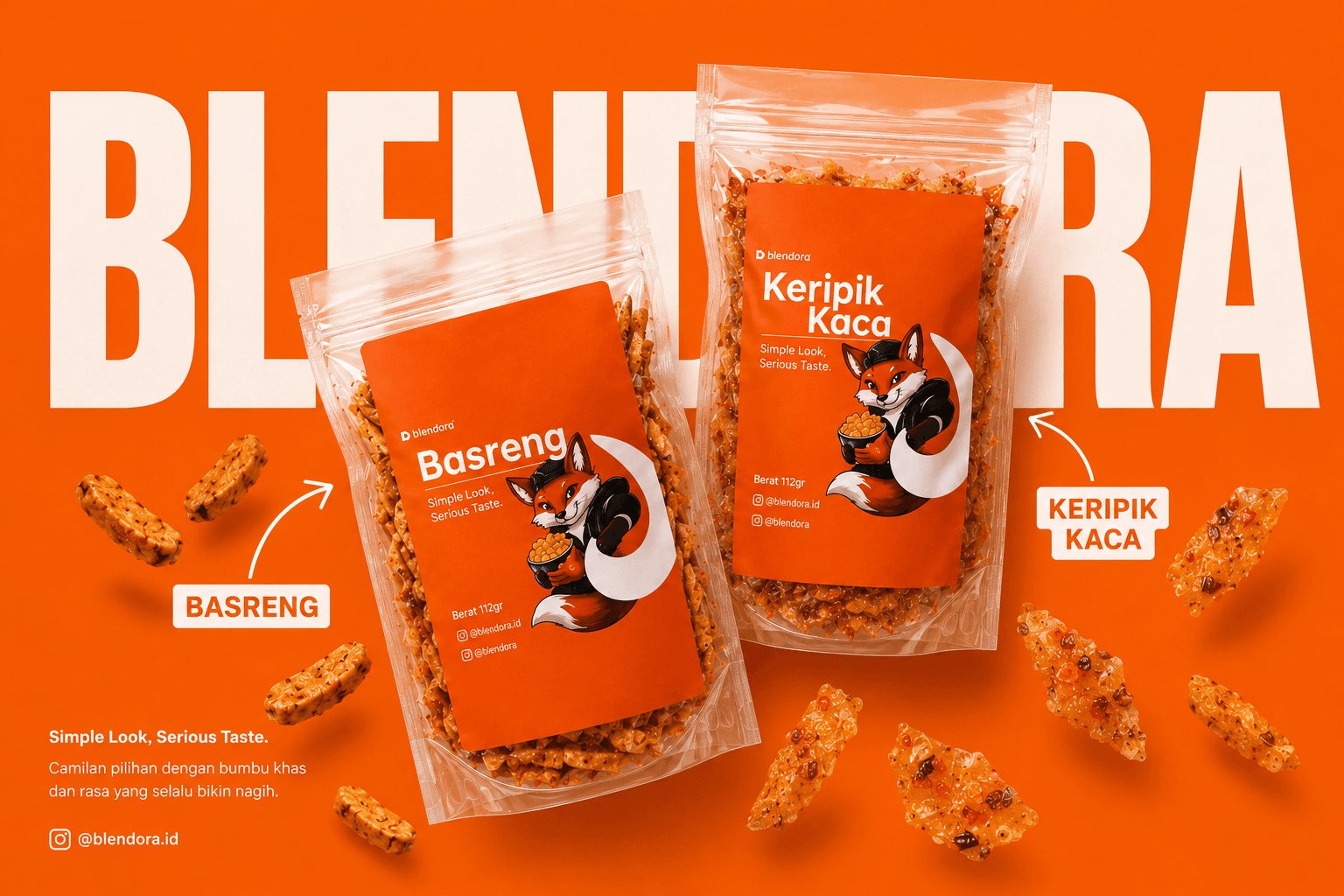 Banner Blendora dengan produk Basreng dan Keripik Kaca