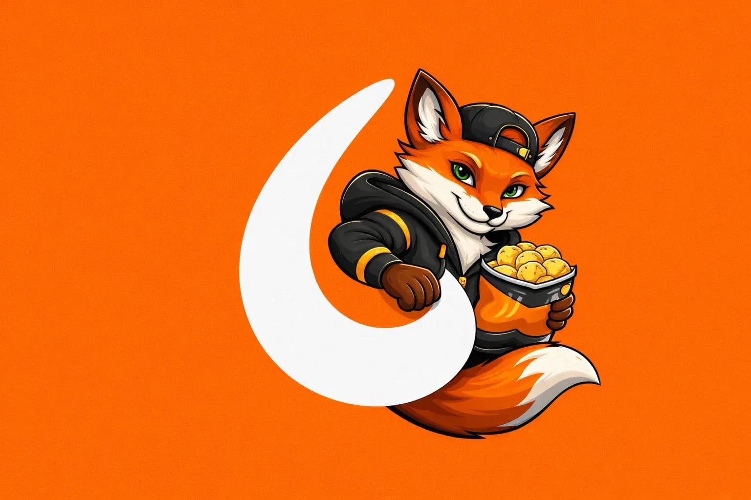 Maskot Blendora berupa rubah oranye yang memegang camilan